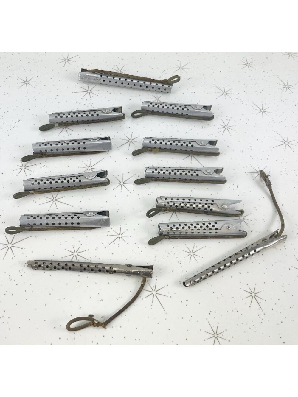 Vintage 1940s perm curlers, aluminum metal hair clips curlers with elastic band